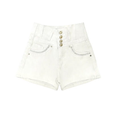 White High-Waist Bling Pocket Shorts - Stretch Denim Button Shorts