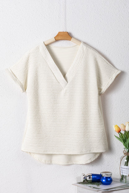 Pale Khaki Textured Wide Sleeve V Neck T-Shirt