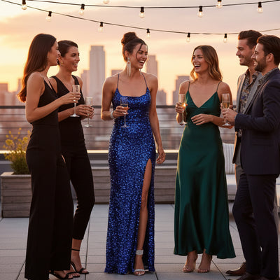 Woman wearing a blue sequin evening gown on a gray background