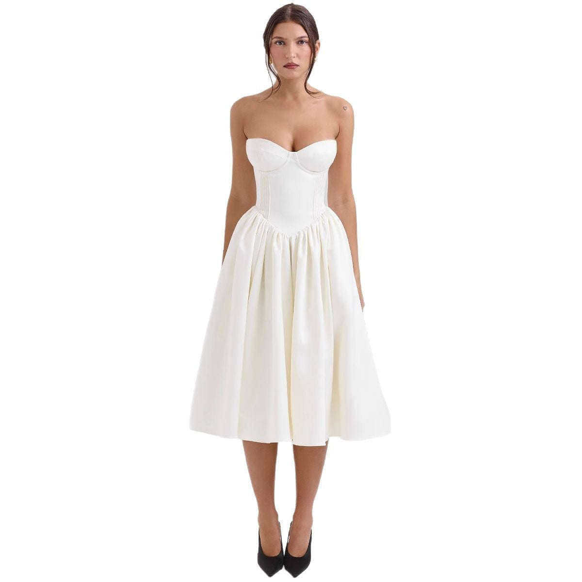 Sweetheart Midi Dress - Strapless Flared A-Line Skirt