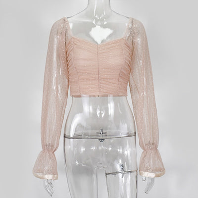 NewAsia Polka Dot Blouse Women Mesh Shirts Pink Tops Sweetheart Neckline Lantern Sleeve Ruched Blouse White Blusas Vintage Shirt