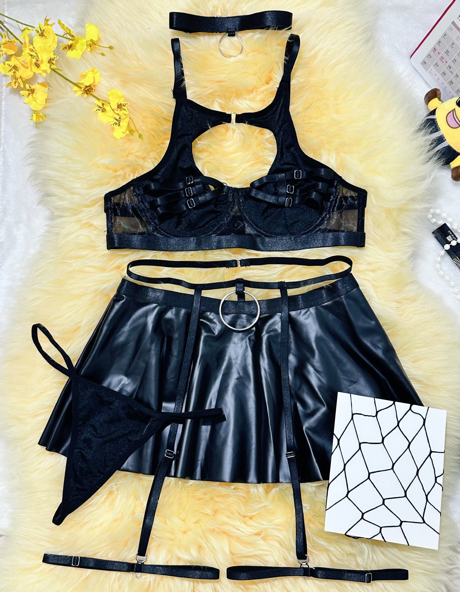 Lingerie Skirt Set - Lace Bra with Fishnet Stockings - Fashions Envy