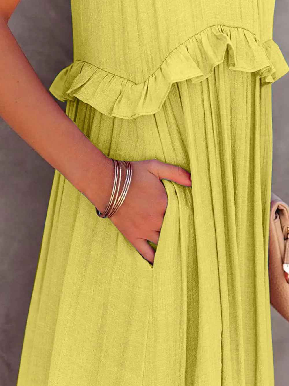 Smocked Tiered Ruffle Maxi Dress - Sleeveless with Pockets