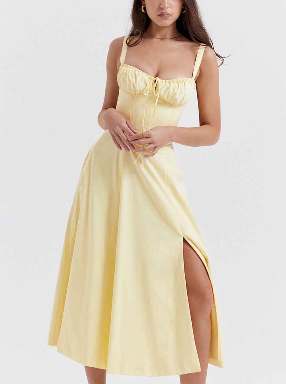 Corset Lace-Up Back Midi Dress - Wide Strap Side Slit