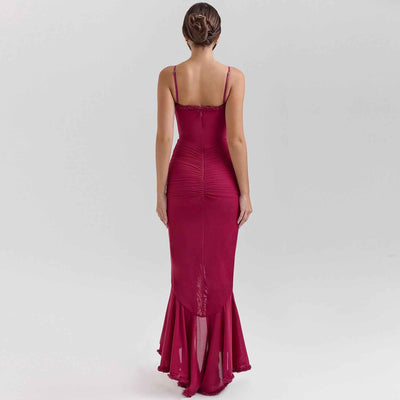Spaghetti Strap Mesh Maxi Dress - Layered Irregular Hem
