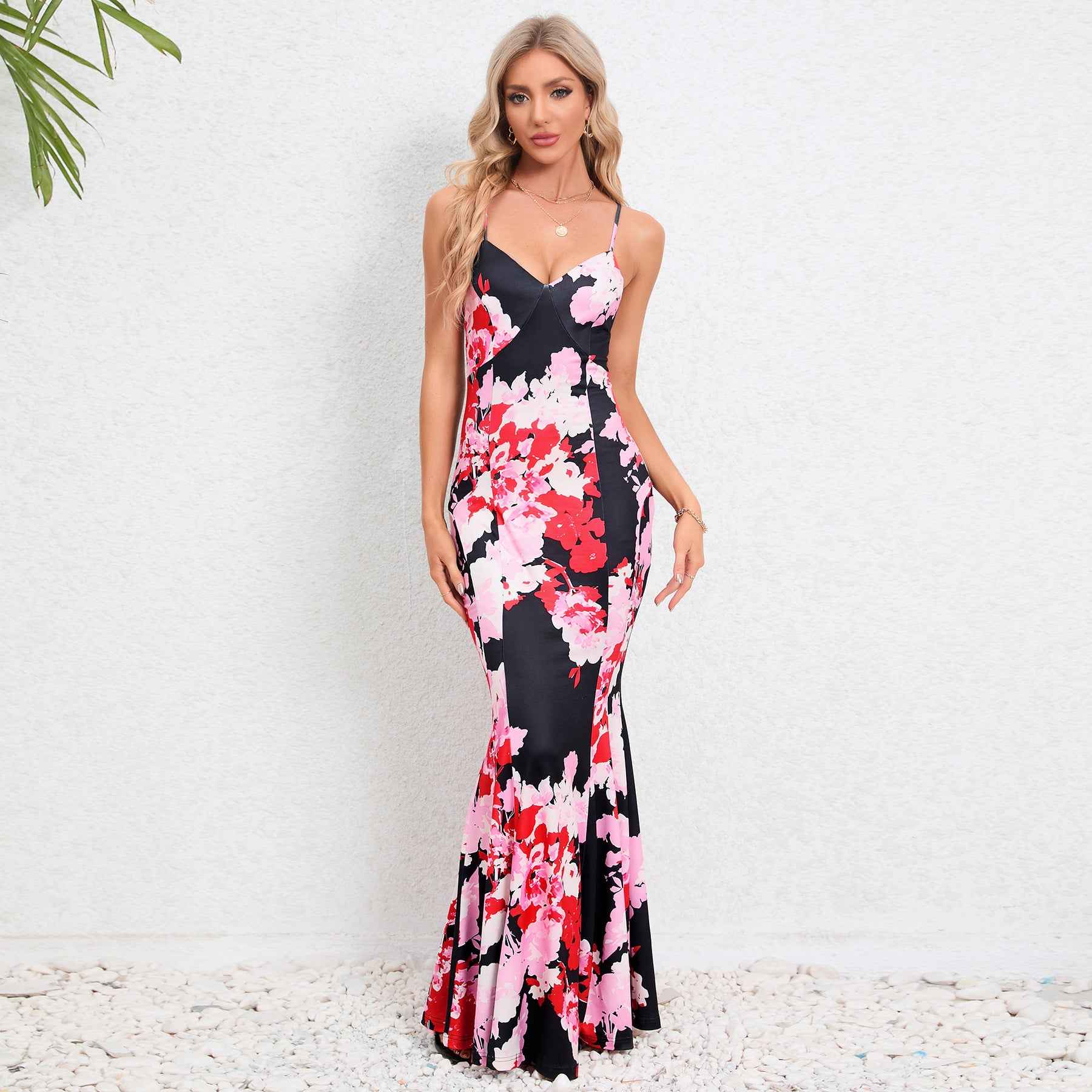 Floral Spaghetti Strap Maxi Dress - V-Neck Flowy Sleeveless