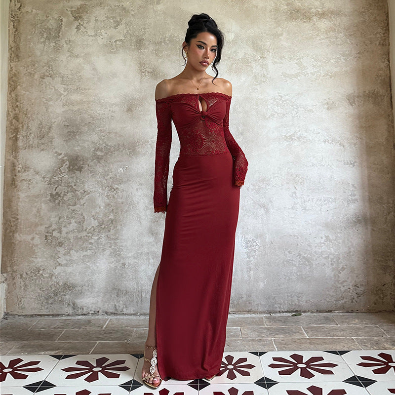 Off Shoulder Bodycon Dress - Lace Long Sleeve Wrap - Fashions Envy