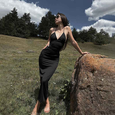 Black Deep V Backless Maxi Dress - Strap High Waist