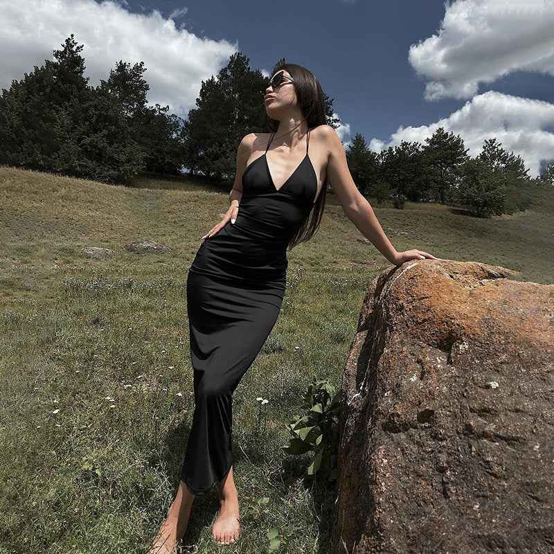 Black Deep V Backless Maxi Dress - Strap High Waist