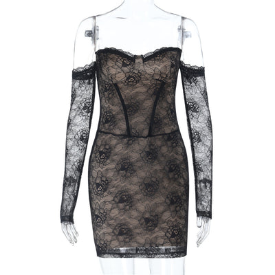 Sweetheart Neck Lace Dress - Long Sleeve Bodycon Mini - Fashions Envy