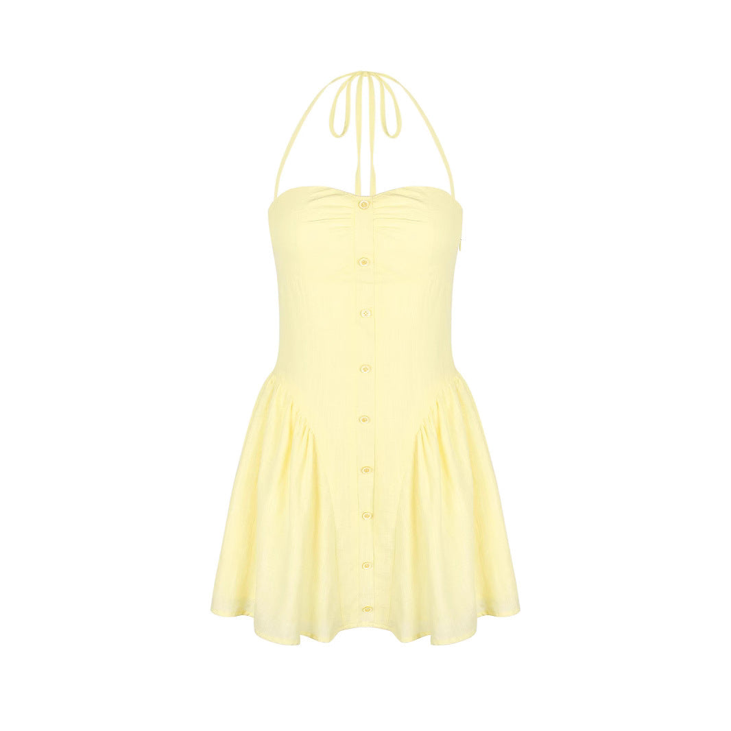 Summer Women's Spicy Sexy Halter Neck Yellow Summer Mini Dress Slim Backless Waist-Cinching Design Sense