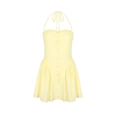 Summer Women's Spicy Sexy Halter Neck Yellow Summer Mini Dress Slim Backless Waist-Cinching Design Sense