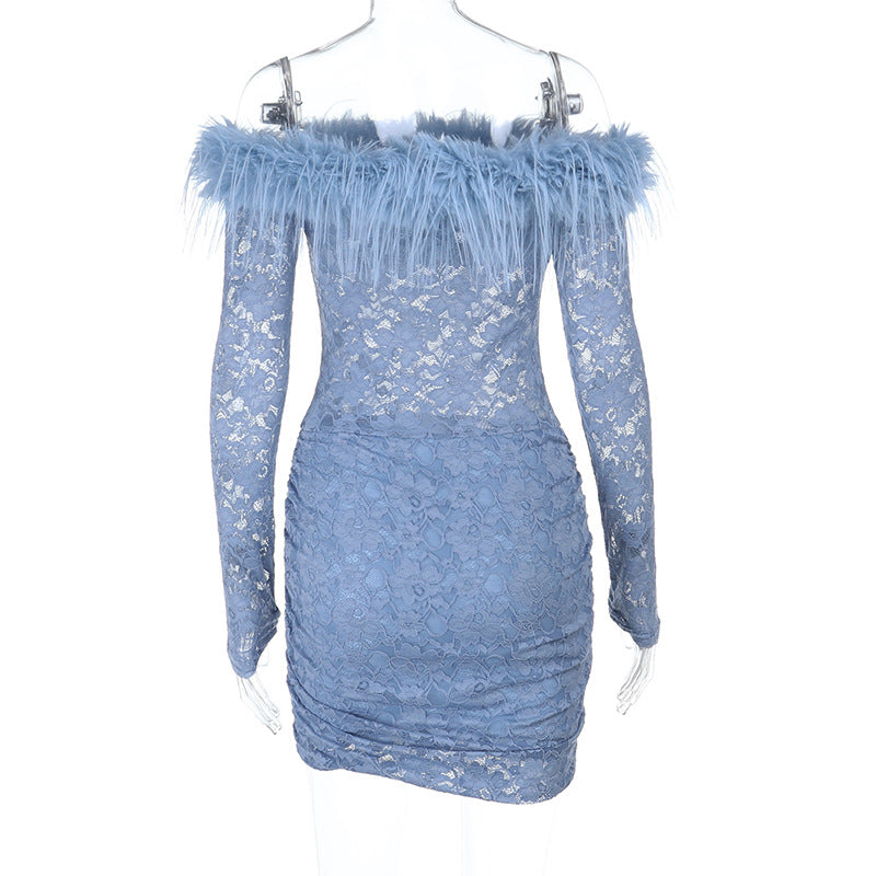 Off Shoulder Lace Dress - Blue Bodycon Mini - Fashions Envy