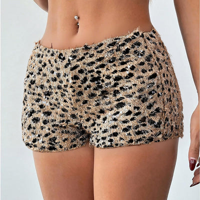 Leopard Print Sequin Shorts - Low Waist Party Style