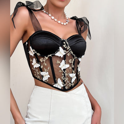 Butterfly Crop Top - Embroidered Lace-Up Strapless Style