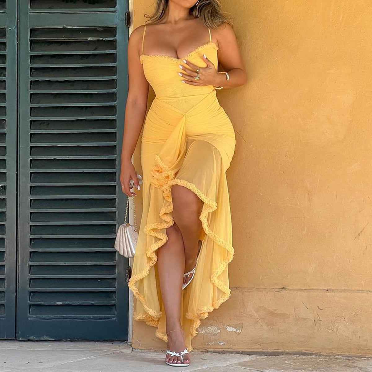 Spaghetti Strap Mesh Maxi Dress - Layered Irregular Hem