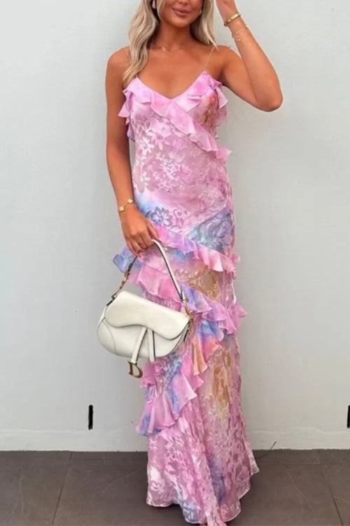 Floral Wavy Edge Skinny Halter Maxi Dress