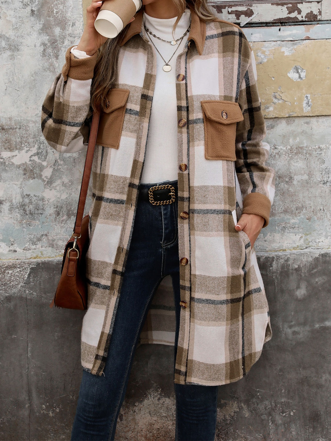 Perfee Plaid Button Up Long Sleeve Coat - Fashions Envy