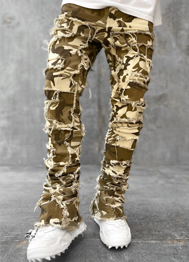 Men's Individual Patched Pants Long Tight Fit Stacked Jeans