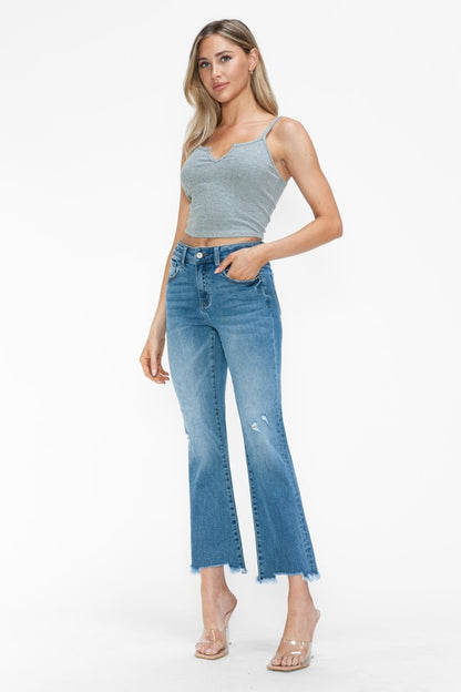 Medium Blue Raw Hem Distressed Mid Rise Crop Jeans