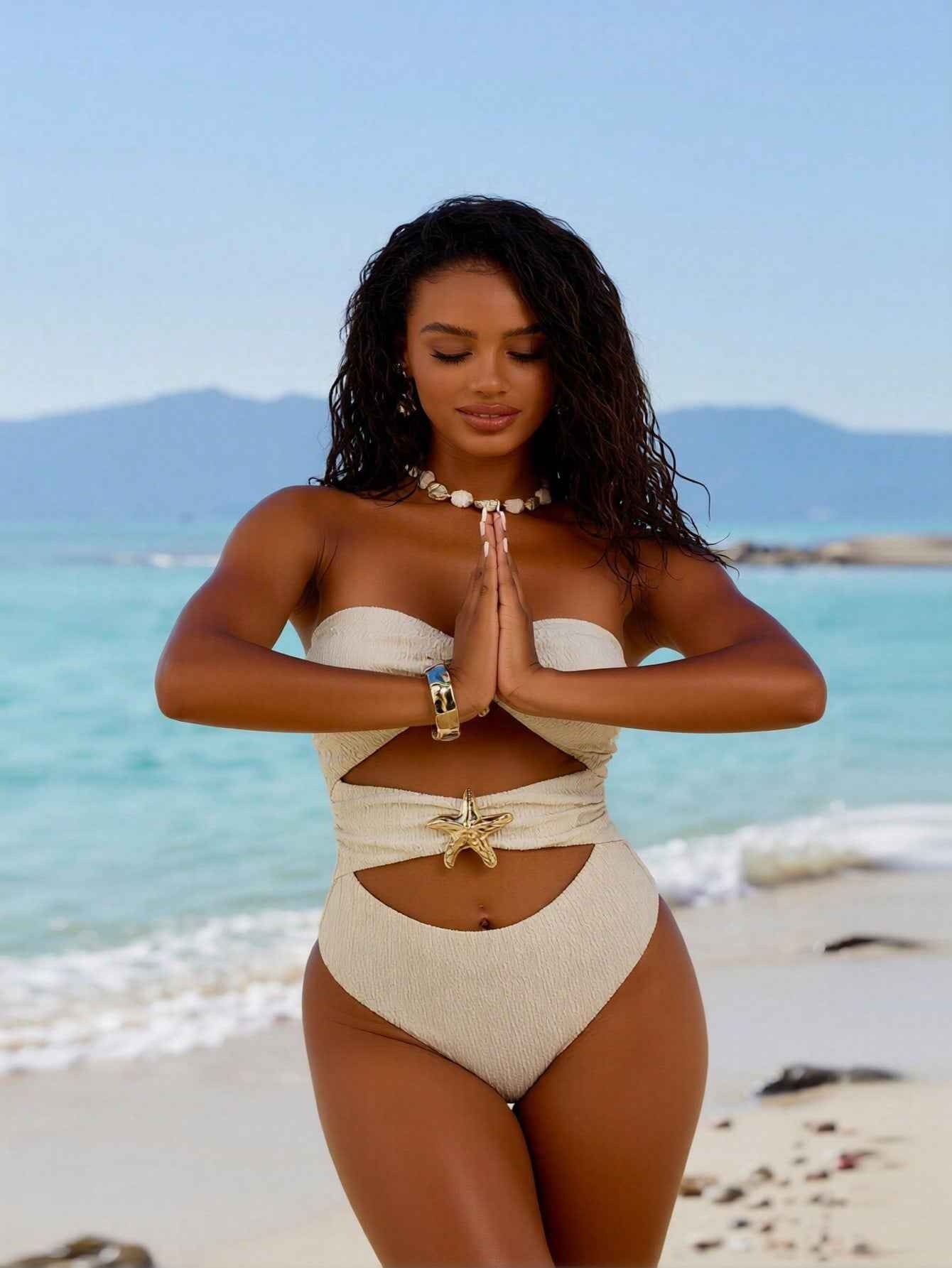 2026 Women's Luxe One-Piece: Cream Textured Bandeau With Gold Starfish Hardware And Double Cutout Detail