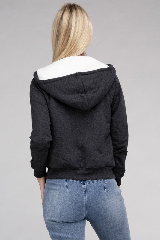 Fuzzy Trim Zip-Up Cropped Length Hoodie