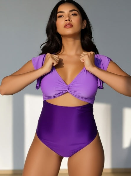 Ruffled One-Piece Swimsuit - Casual Purple Ruffle Trim