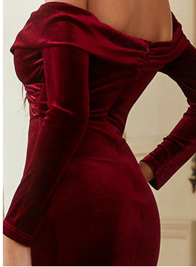 Wine Red Fashion Velvet Elegant Bridesmaid Prom Maxi Dress