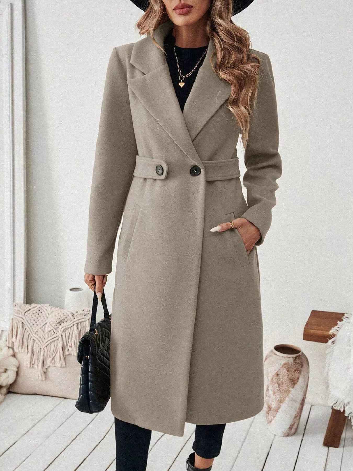 Wool Blend Overcoat - One Button Belted Long Coat - Fashions Envy