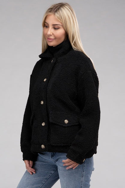 Cozy Sherpa Button-Front Long Sleeve Jacket