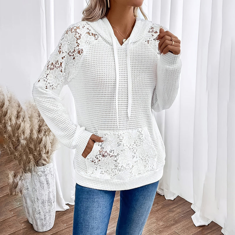 Women's Solid Color Casual Hoodie With Lace-Trim