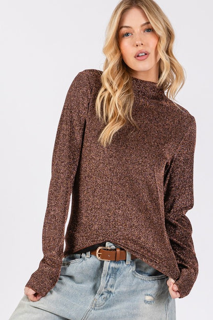 Brown Glitter Mock Neck Lettuce Hem Long Sleeve Top