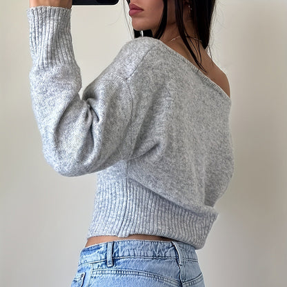 Off-Shoulder Cropped Sweater - Ribbed Knit Boat Neck Top