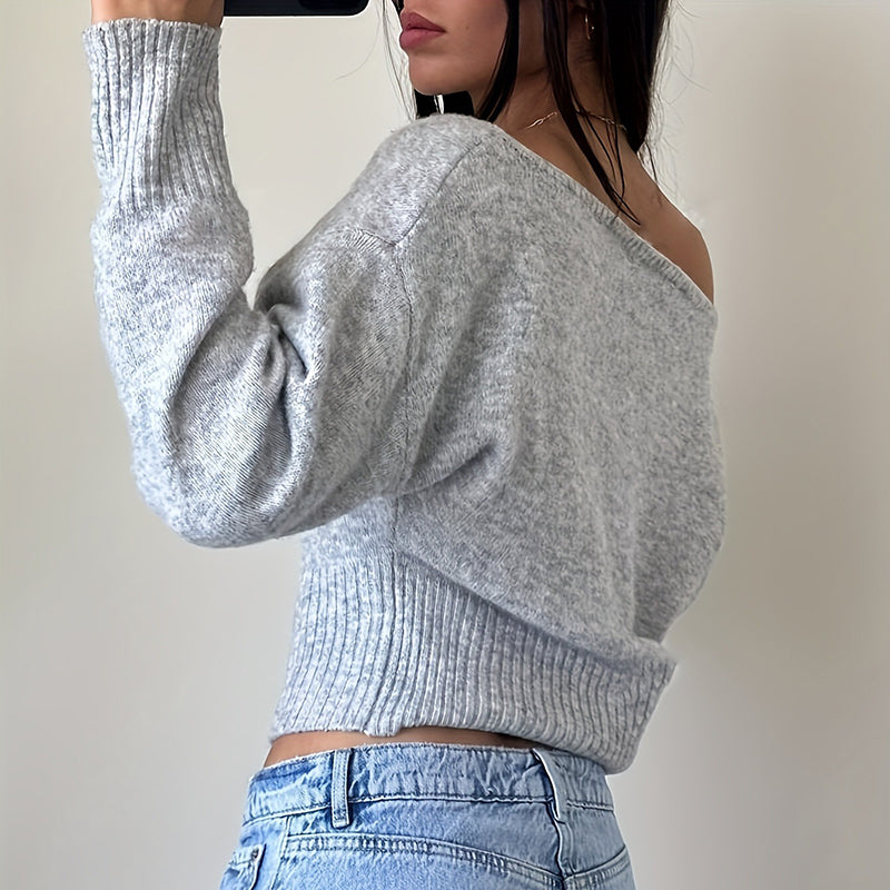 Off-Shoulder Cropped Sweater - Ribbed Knit Boat Neck Top