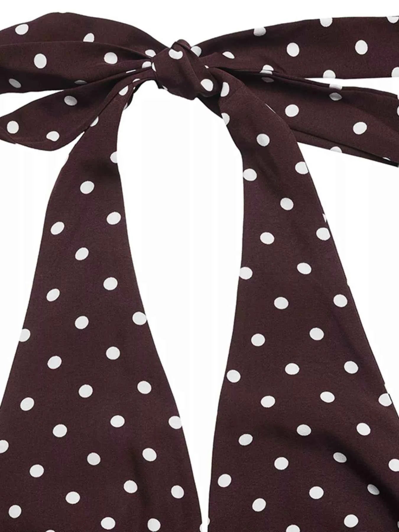 Polka Dot Halter Maxi Dress - Tie Neck Brown Print