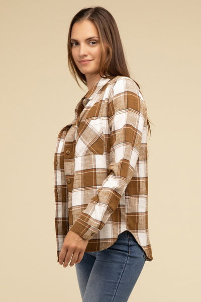 Cotton Plaid Shacket With Front Pocket - Fashions Envy