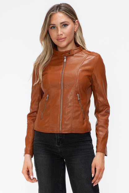 Camel Faux Leather Zip Up Drawstring Hooded Jacket