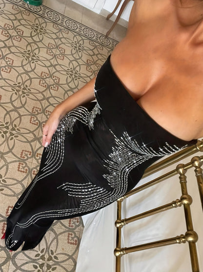 Elegant Rhinestone Sleeveless Bandeau Collar Bodycon Extra-Long Maxi Dress