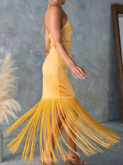 Fringe Halter Dress - Backless Bodycon Maxi Dress - Fashions Envy