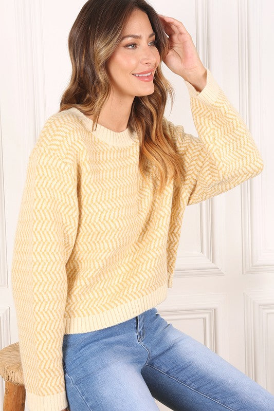 Herringbone Pattern Crew Neck Long Sleeve Sweater