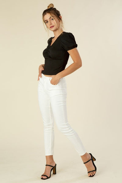 Shirred V-Neck Short Puff Sleeve Top