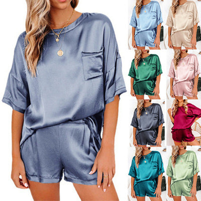 Silk Pajama Set - Short Sleeve Sleepwear Loungewear