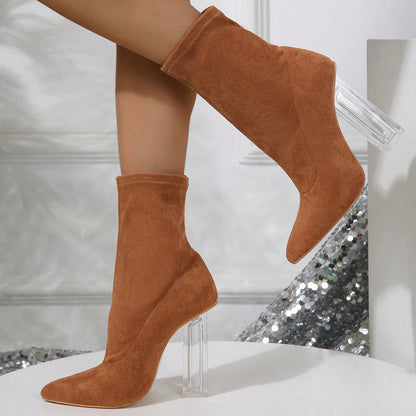 Crystal Heel Boots - Elastic Mid-Calf Party Style