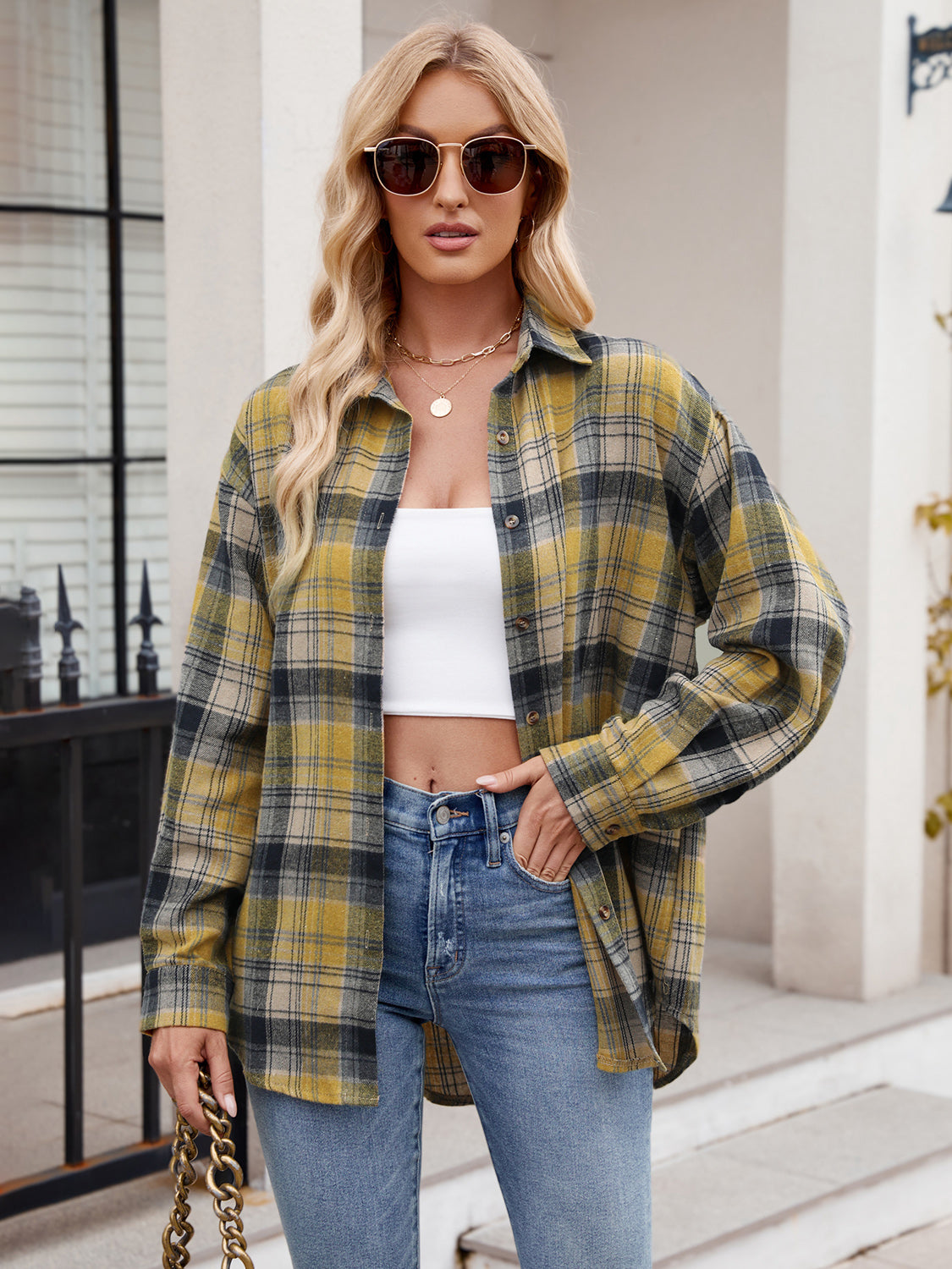 Mandy Pocketed Plaid Collared Neck Long Sleeve Shirt - Fashions Envy