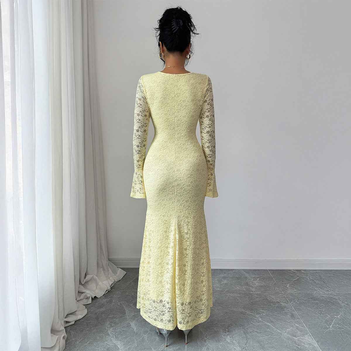 Elegant Lace Bodycon Maxi Dress - Chic Yellow Gown