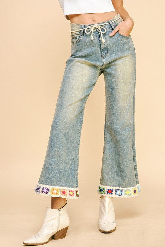 Crochet Trim Flare Jeans with Pockets