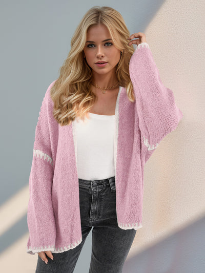 Double Take Contrast Open Front Dropped Shoulder Cardigan - Fashions Envy