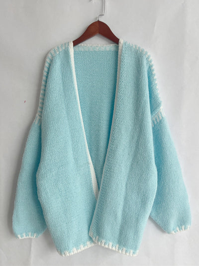 Double Take Contrast Open Front Dropped Shoulder Cardigan - Fashions Envy