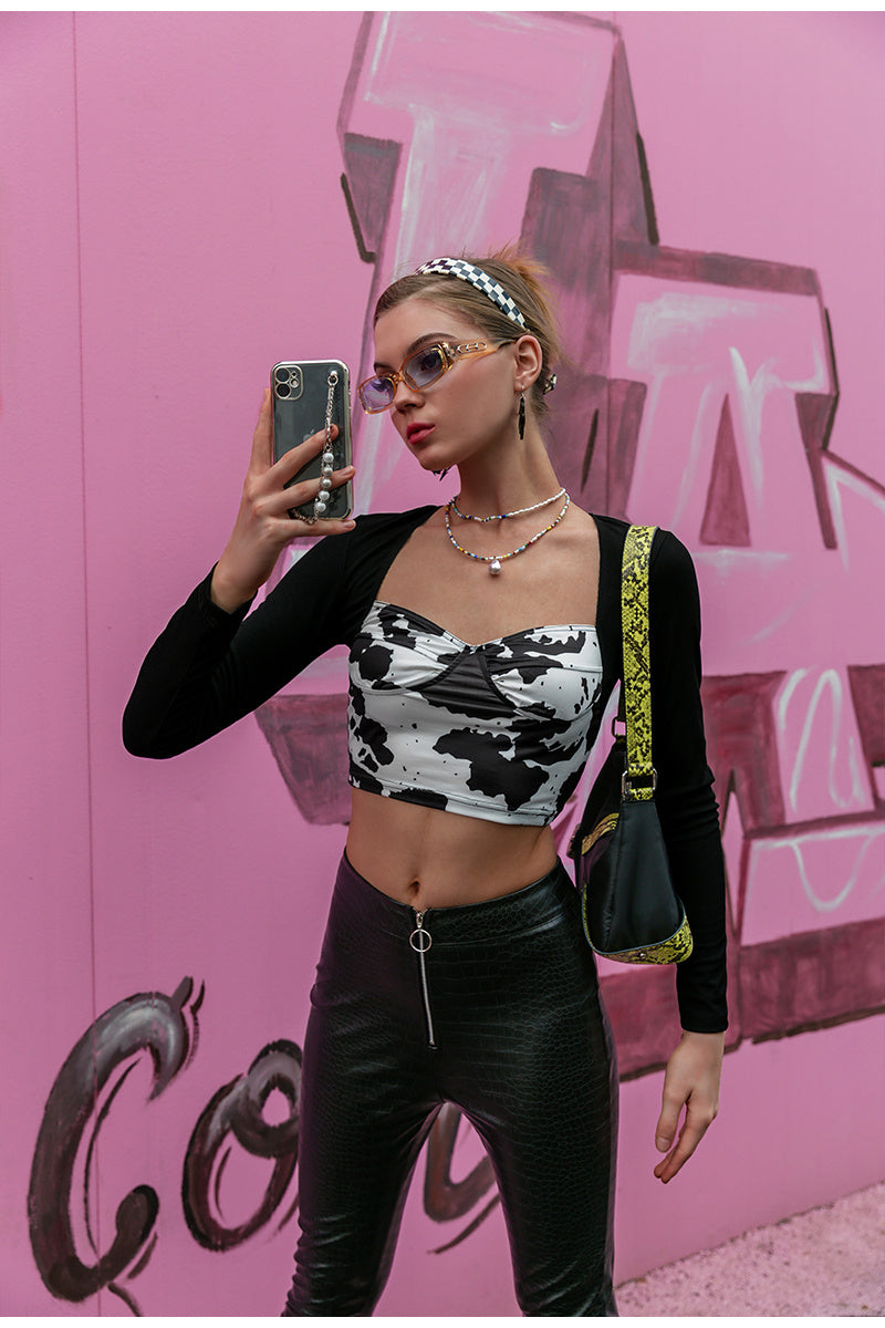 Cow Print Crop Top - Square Neck Long Sleeve