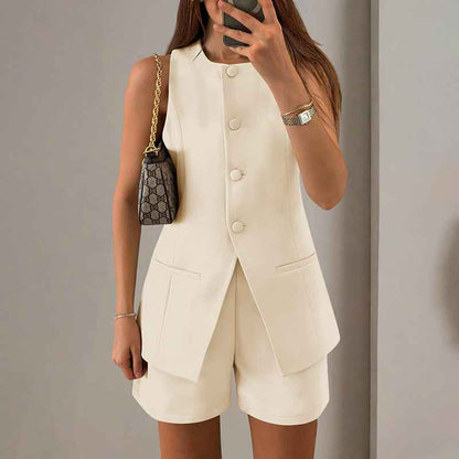 Two-Piece Vest & Shorts Set - Professional Button-Front - Fashions Envy